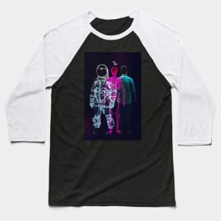 Temporal Synergy: Skeleton, Man, and Spacefarer Baseball T-Shirt